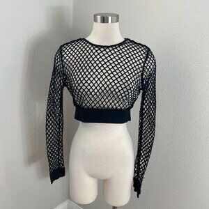 Vintage Y2K Forever 21 Large Black Long Sleeve Fishnet Crop Top Grunge Goth